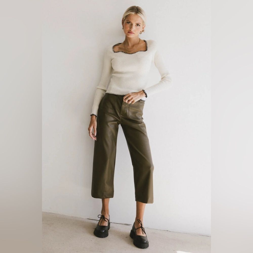 bohme Women’s Olive Green Vegan Leather Wide Leg Pants Sz XL Boho Preppy Urban